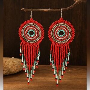 Handcrafted Red and Turquoise Beaded Earrings